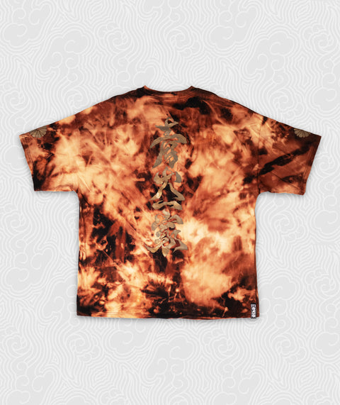 Oversized fit Tee - Aged Gold Kanjis / Flames Tie n Dye