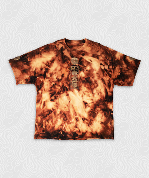 Oversized fit Tee - Aged Gold Kanjis / Flames Tie n Dye